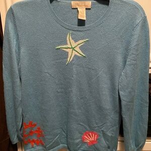 Mainbocker Women’s Ocean Themed Silk Blend 3/4 Sleeve Blue Sweater Sz Large HTF